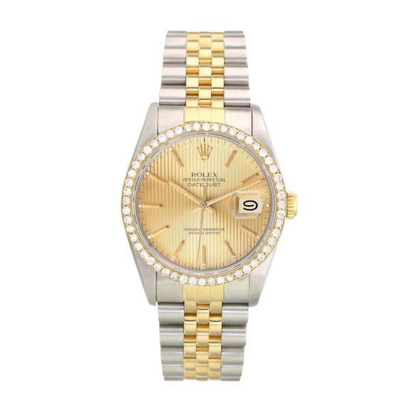ROLEX DATEJUST CHAMPAGNE TAPESTRY INDEX DIAL DIAMOND 18KY & STEEL JUBILEE 16233 - Picture 2 of 7